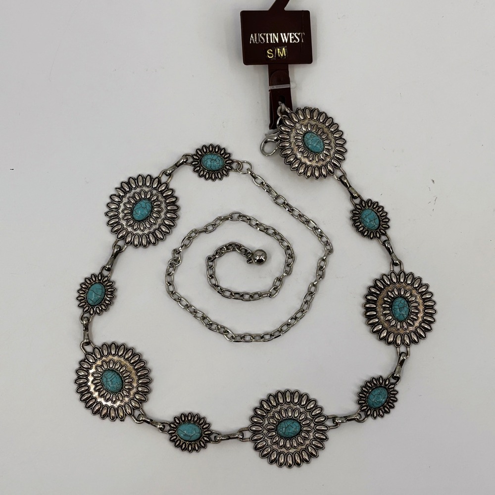 Austin West Concho Chain Belt Women S/M Silver Turquoise Boho Western New